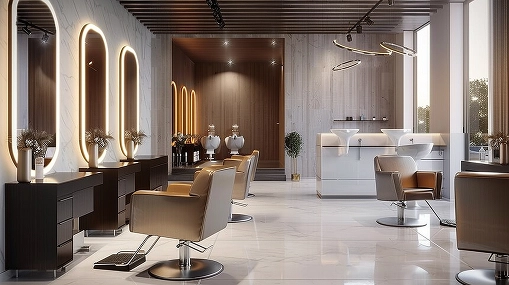 Salon moderne avec des fauteuils beiges élégants, des miroirs éclairés et des touches minimalistes en bois. Intérieur lumineux et spacieux, à l'atmosphère luxueuse et accueillante.